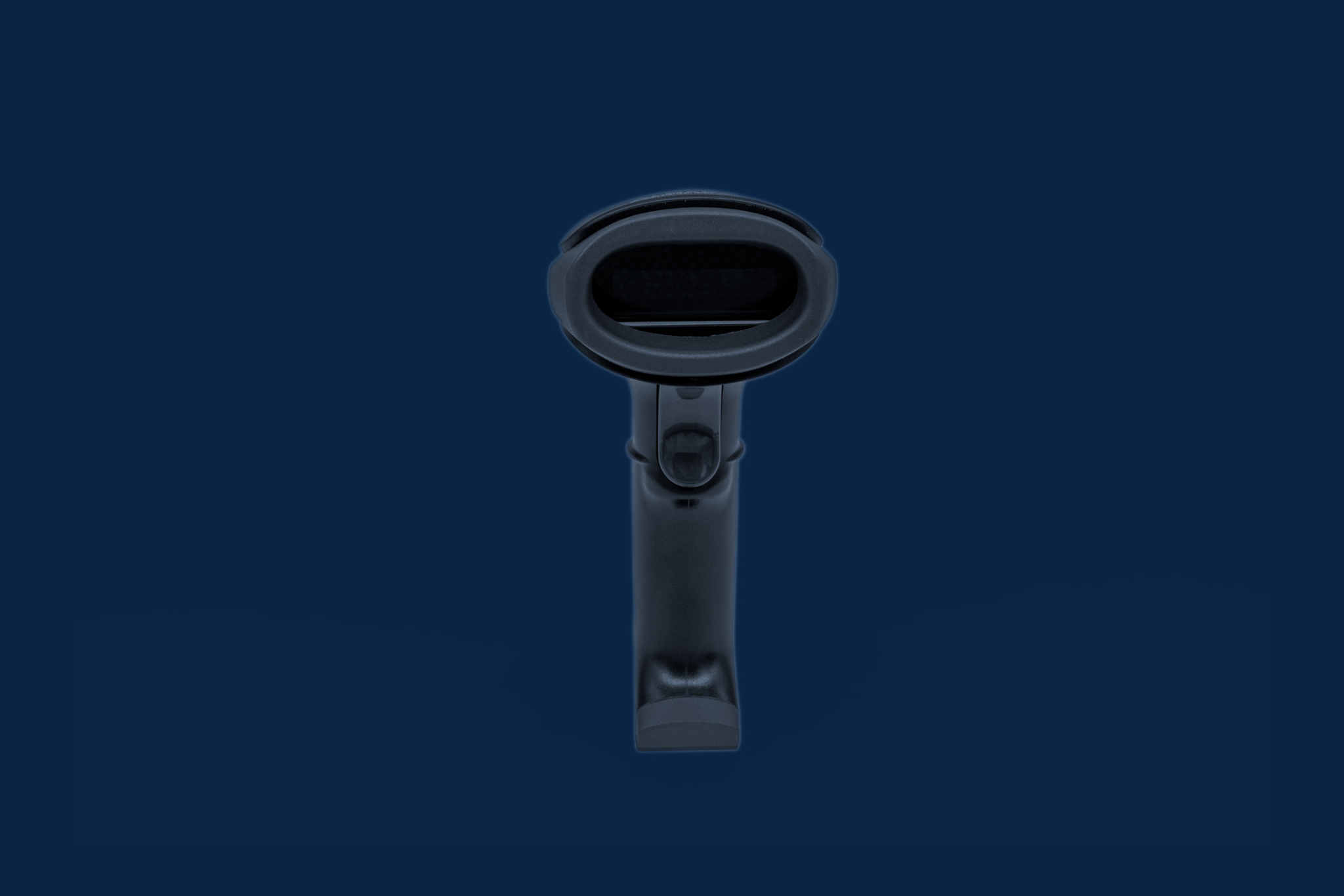 Albasca MK-5800 Barcode Scanner – Frontansicht mit Scanfenster auf blauen Hintergrund, ergonomisches Design in Schwarz, ideal für Einzelhandel und Logistik