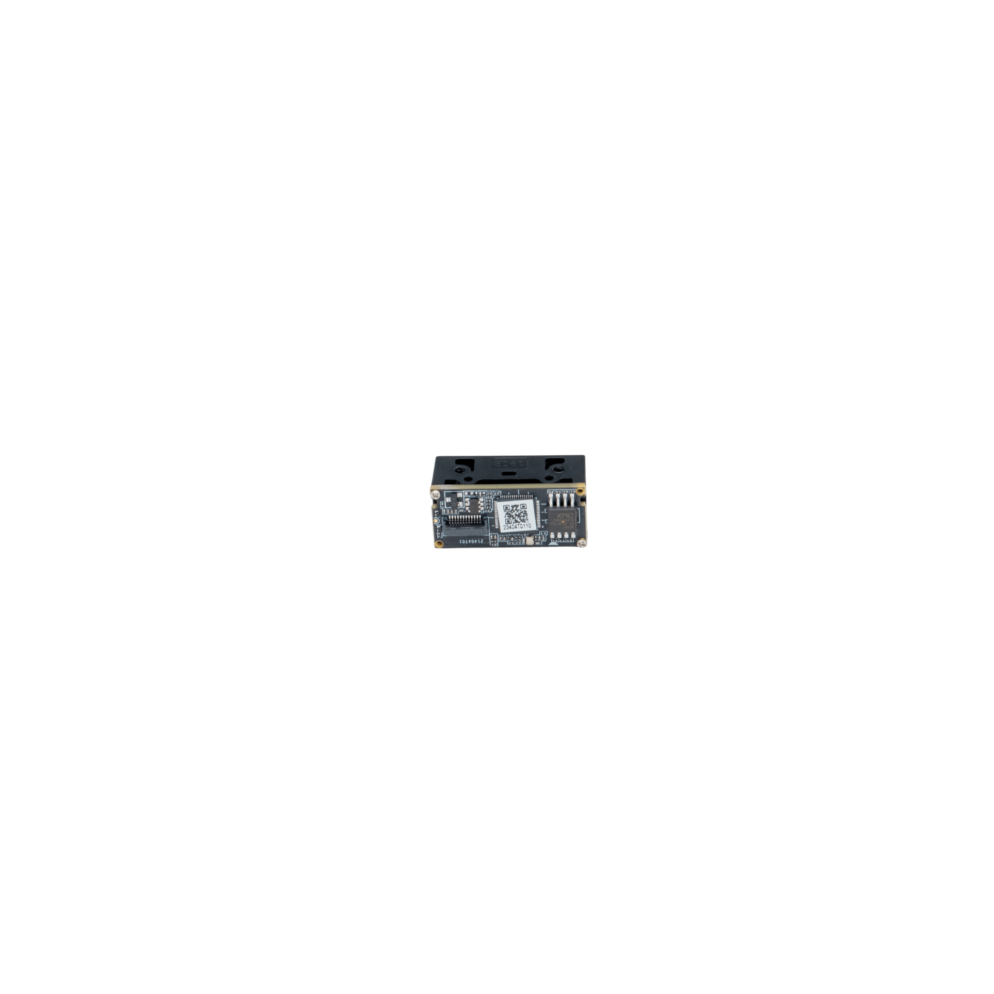 Rückansicht des kompakten Albasca LM6 Scanmoduls mit sichtbarer Elektronik, vor dunkelblauem Hintergrund