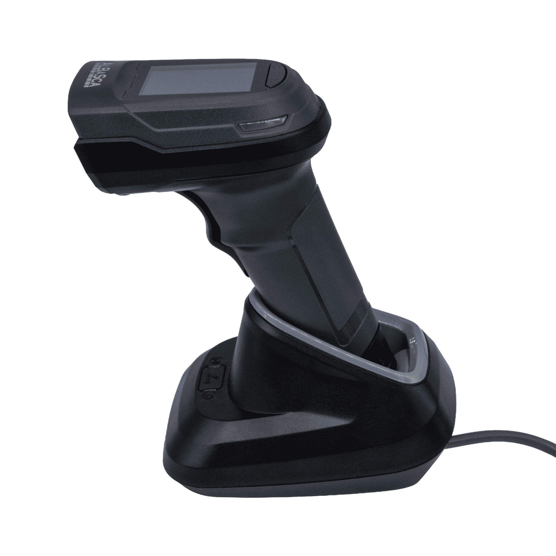 Albasca Ray Barcode-Scanner in der Ladestation, seitliche Ansicht mit angeschlossenem Kabel – Laden und Abstellen, schwarz.