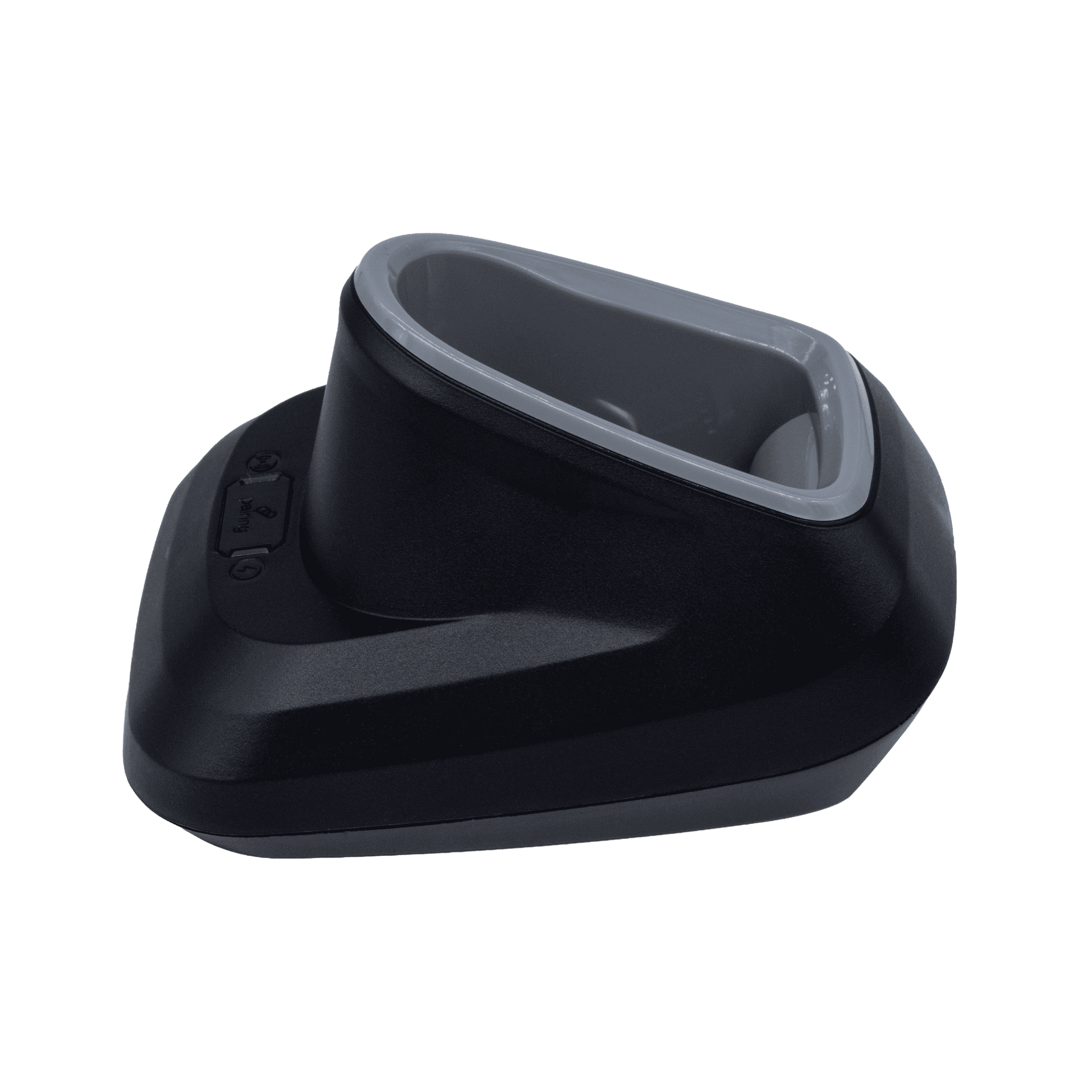 Albasca Ray Ladestation in Schrägansicht – kompakte Ladeschale für Barcode-Scanner, schwarz.