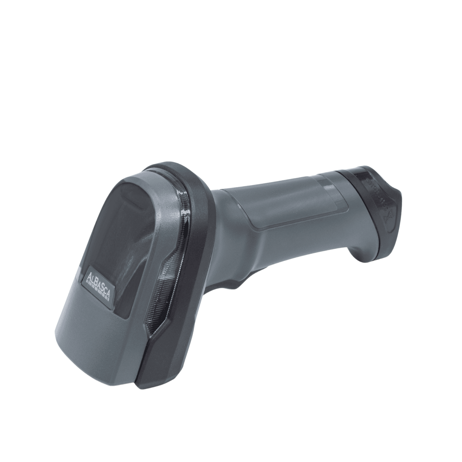 Albasca Ray Funk-Barcodescanner – kabellose Ausführung in ergonomischer Form, liegend von schräg oben.