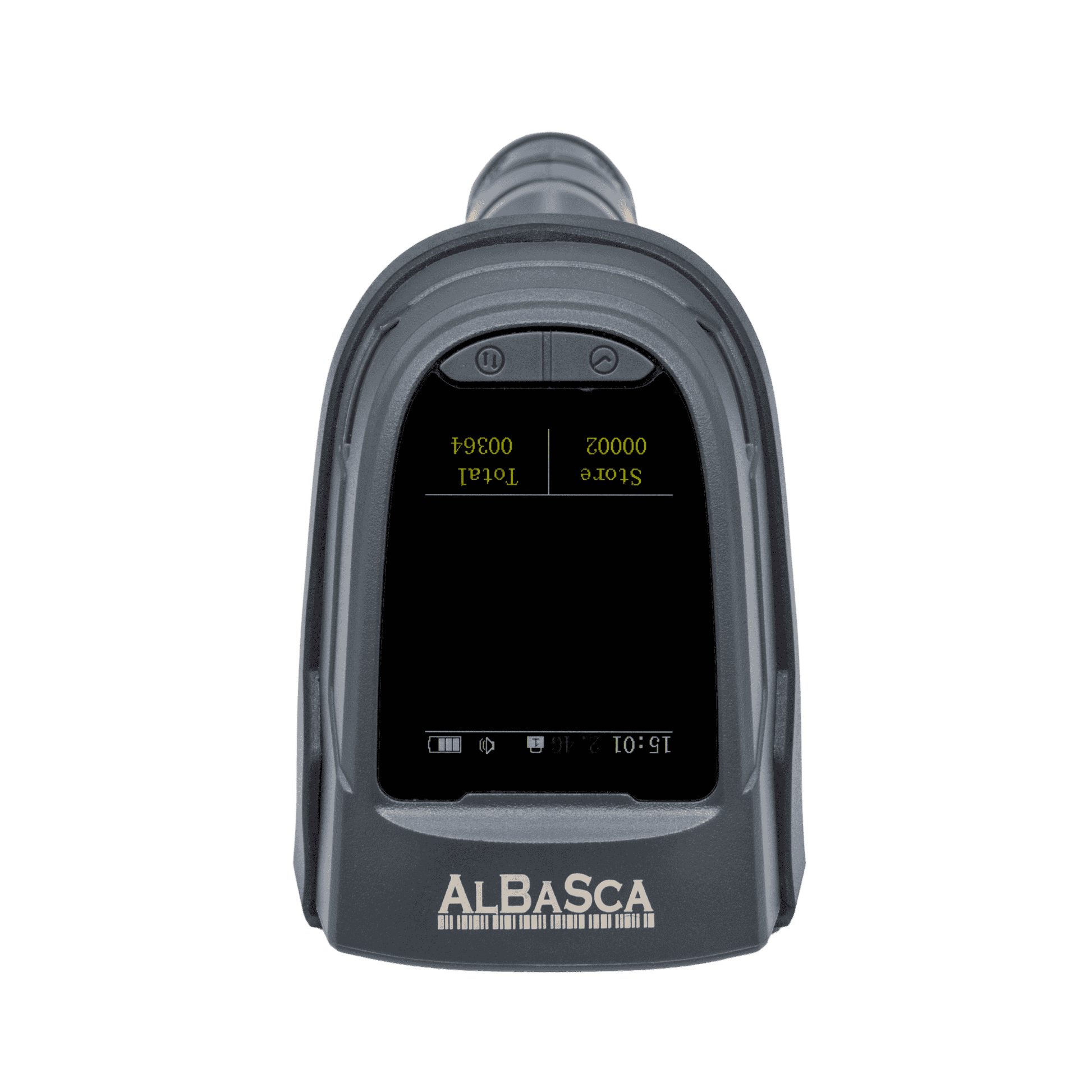 Ergonomischer Funk-Barcodescanner Albasca Ray V in schwarz, Frontansicht mit Scan-Fenster.