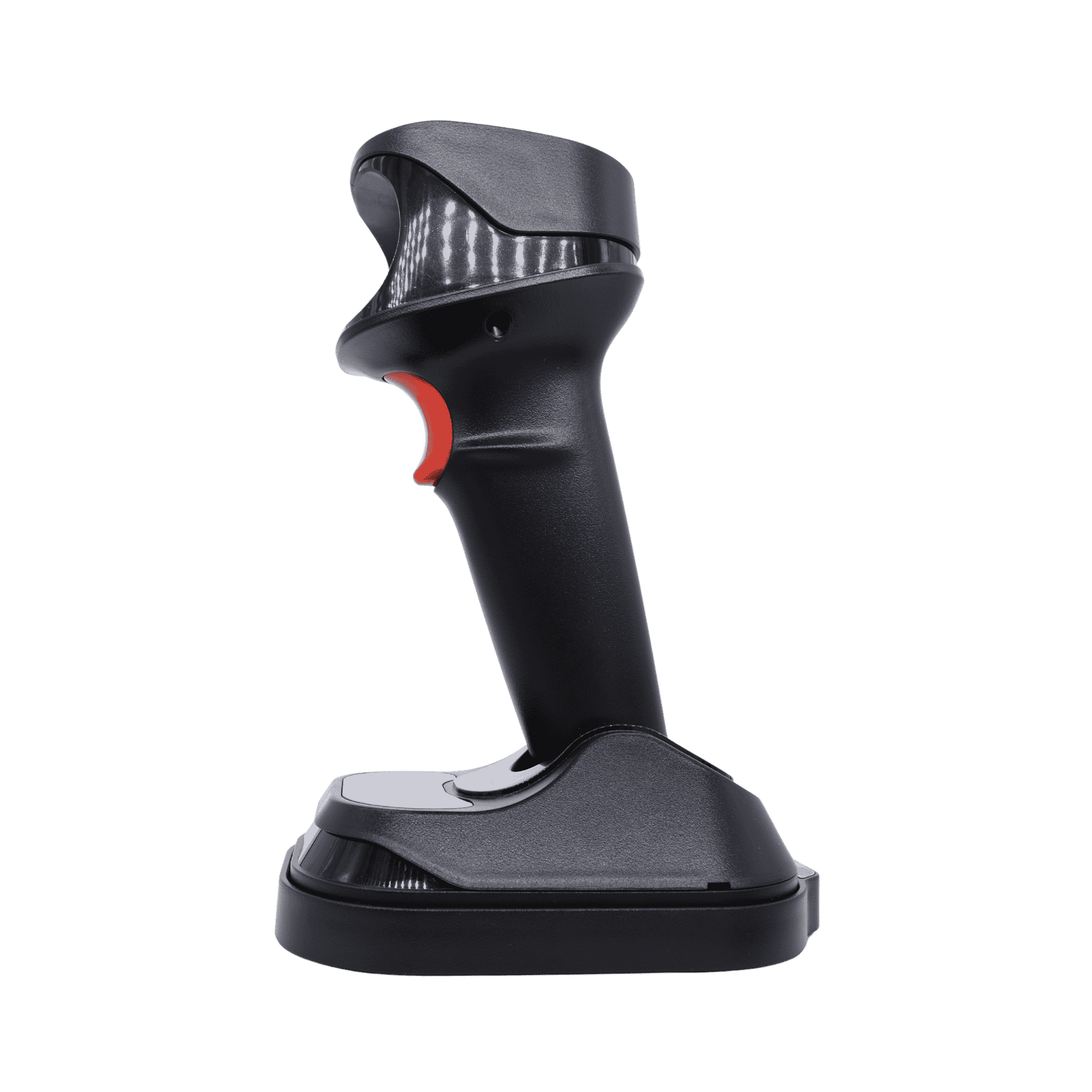 Seitenansicht des schwarzen Albasca Titan Scanners, der in seiner Basisstation steht. Deutlich zu erkennen ist das ergonomische Handstück in Pistolenform mit dem markanten roten Auslöser.