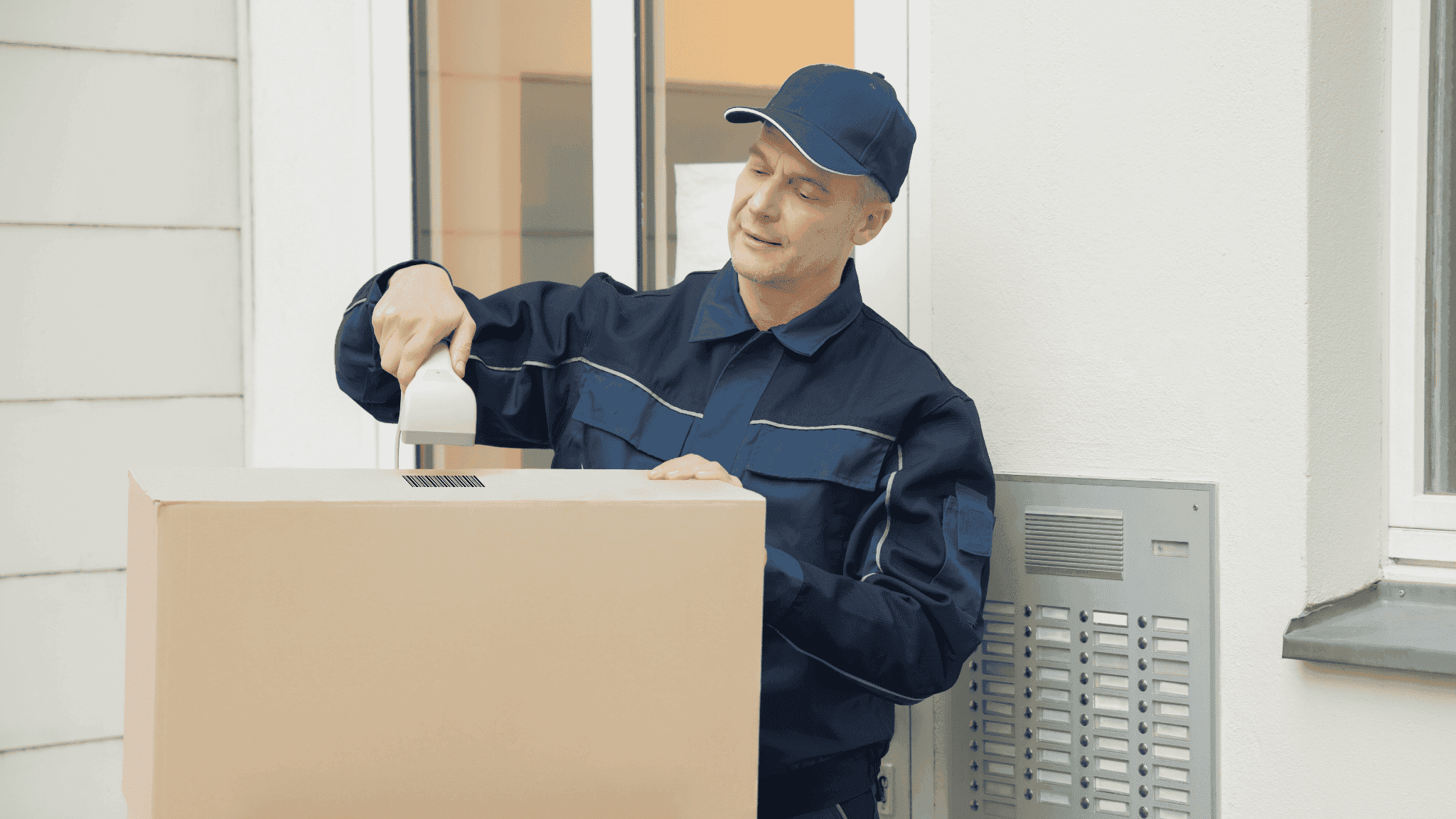 Zusteller in blauer Uniform scannt Barcode auf einem großen Paket mit einem Handscanner vor einer Haustür